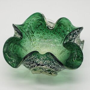 Murano Barovier Toso 1950s Small Emerald Green Silver Fleck Art Glass Ashtray